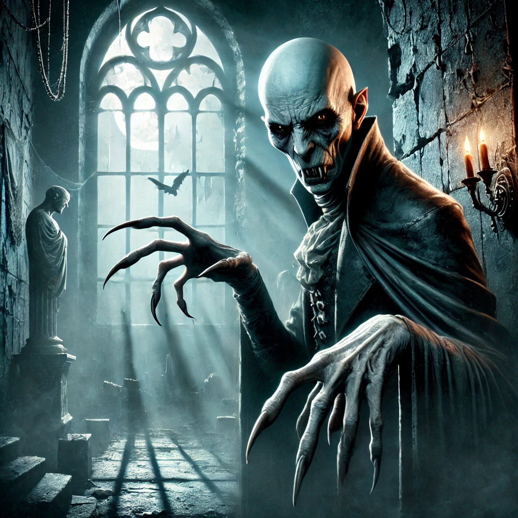 A dark and eerie scene featuring Nosferatu, a gaunt, pale vampire with elongated fingers, sharp claws, and a skeletal frame,
