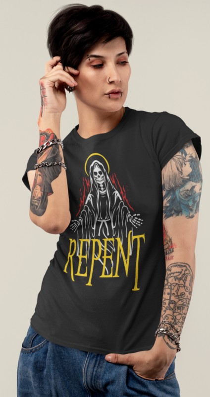 001_Deth_T shirt_Repent_Woman_Short_Hair_Black
