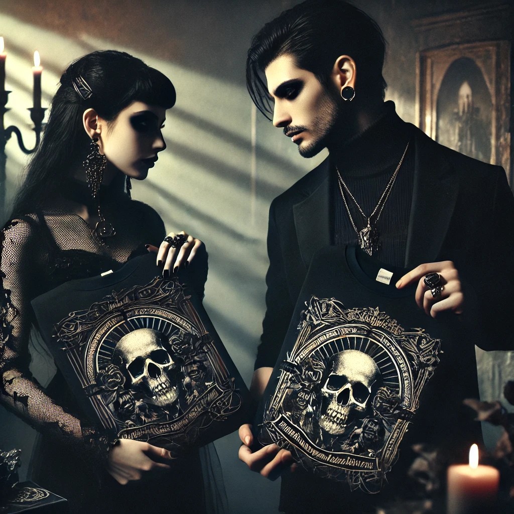 A realistic image of a gothic couple exchanging black t-shirts as Valentine's Day